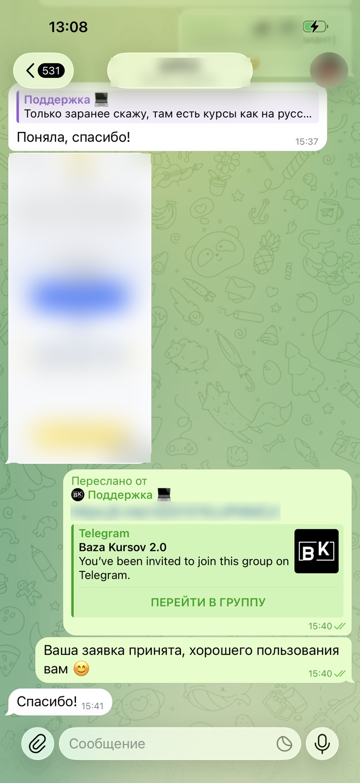 Переписка с поддержкой: после проверки оплаты отправлено приглашение в Baza Kursov 2.0 с кнопкой «Перейти в группу».